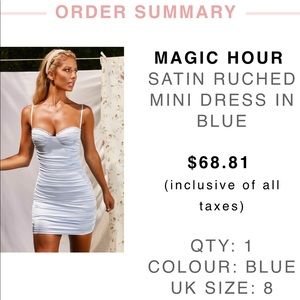 MAGIC HOUR SATIN RUCHED MINI DRESS IN BLUE